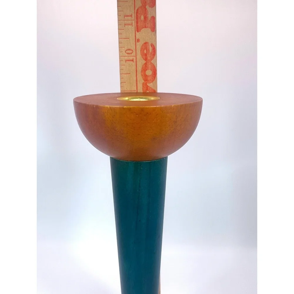 IKEA Monokel Vintage Candle Holder 1980s Post Modern Wood Brass Green Burgundy